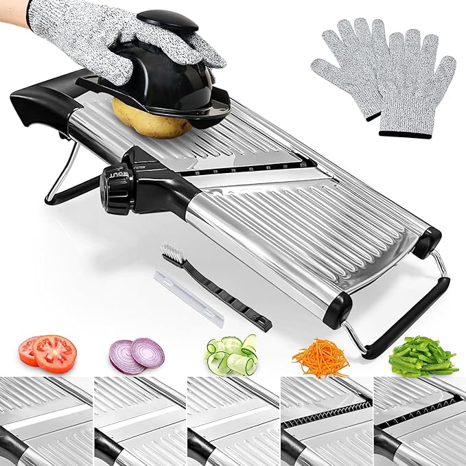 Mandoline Slicer,Mandoline Food Slicer for Kitchen,Mandolin,Vegetable Chopper,Vegtable Slicer,Adjustable Stainless Steel Veggie Onion Tomato Julienne Cutter with Cut-1 Pair Cut-Resistant Gloves