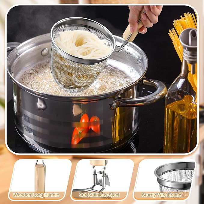 Patelai 8 Pcs Pasta Strainer Basket 5.5"x5.5" Stainless Steel Noodle Strainer with Wood Handle Kitchen Round Base Mesh Spider Basket Skimmer Food for Pasta, Ramen, Dumplings, and Deep-fried Foods