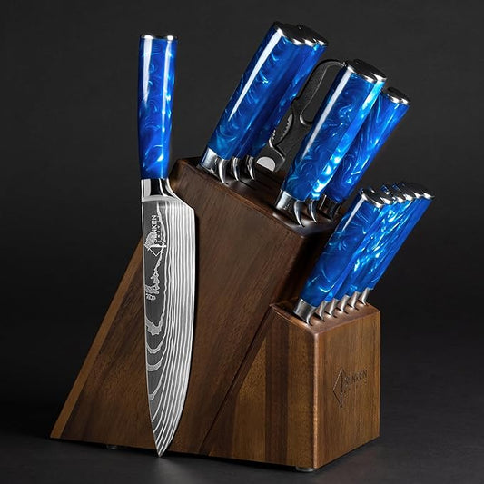 SENKEN 16-Piece Kitchen Knife Block Set - Japanese Chef's Knife Set with Laser Damascus Pattern, Includes 6 Steak Knives and Smoothly Finished Acacia Hardwood Knife Block (Blue Resin Handles)