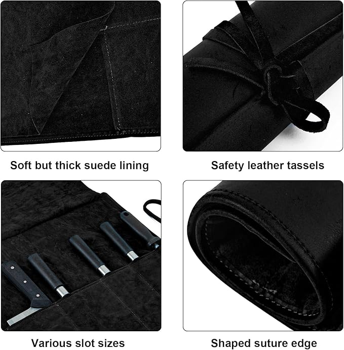 Genuine Leather Knife Roll, Knife Bags for Chefs Professional, Small Chef'S Knife,Knives Holders Protectors with 5 Slots (Black)