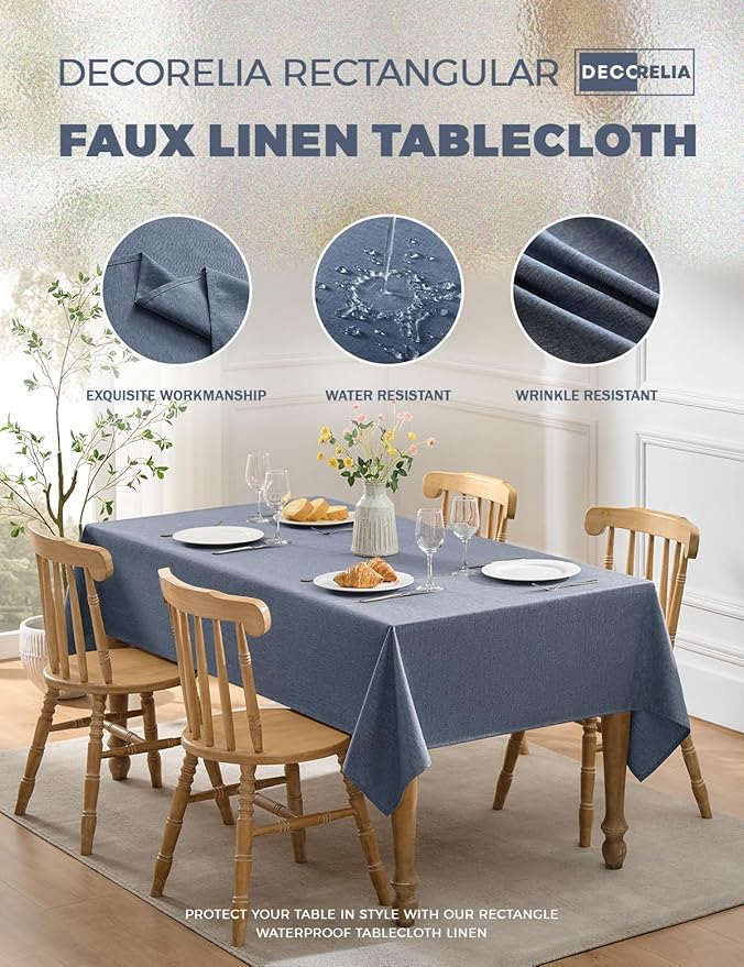 Faux Linen Farmhouse Table Cloth 60"x144" for 10 ft Rectangle Table, Denim Blue Waterproof Outdoor Washable Tablecloth for Rectangular Dining Room Kitchen Outdoor Party Restaurant Table
