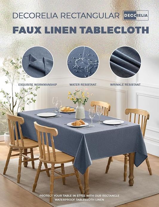 Faux Linen Farmhouse Table Cloth 60"x144" for 10 ft Rectangle Table, Denim Blue Waterproof Outdoor Washable Tablecloth for Rectangular Dining Room Kitchen Outdoor Party Restaurant Table