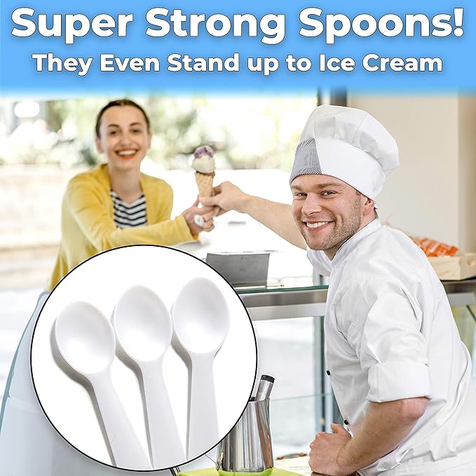 Extra Sturdy, BPA Free 100ct Plastic Tasting Spoons. Disposable Mini Tasters for Sampling or Individual Portions of Ice Cream, and Appetizers. Great for Food Trucks, Parties and Events