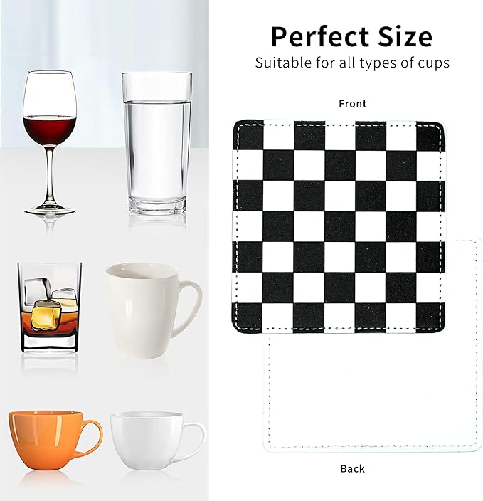 Marble Coasters Square Leather Drinks Coaster Set with Holder for Coffee Table Bar Home Decor 4 Inches Set of 6 (Checkered, One Size)