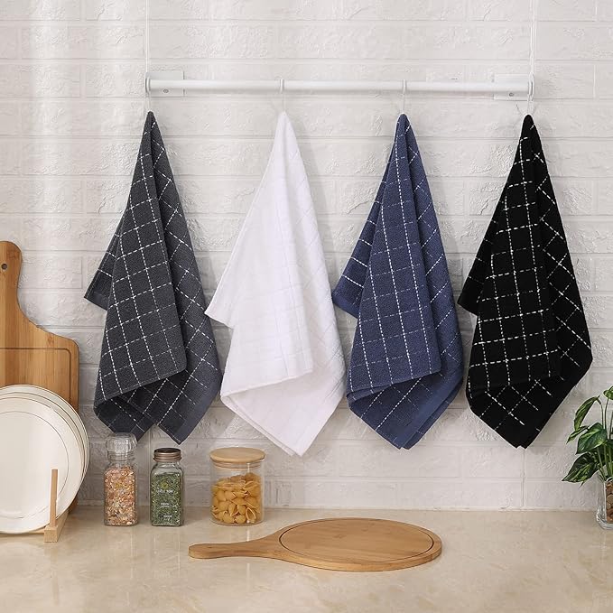 Mordimy 100% Cotton Terry Cloth Kitchen Towels, Super Soft and Absorbent Dish Towels for Drying, Checkered Designed Hand Towels for Kitchen, 16 x 26 Inches, 4 Pack, Black
