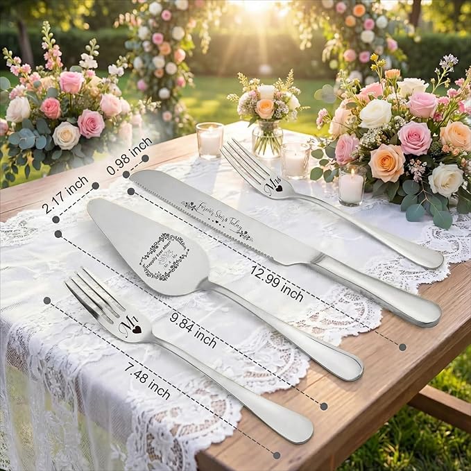 4 Pieces Wedding Cake Cutting Set Knife and Forks Set Wedding Cake Knife and Server Set Sliver Forks Engraved Mr. and Mrs.for Engagements, Anniversaries, Bride and Groom (Silver MR&MRS)