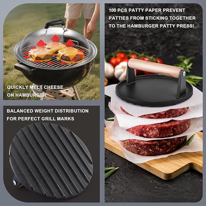 Smash Burger Press Kit, 7” Cast Iron Smash Burger Press with 12.5” Stainless Steel Griddle Dome & Burger Patty Papers, Heavy Duty Griddle Accessories for Family Cooking & Outdoor Grilling