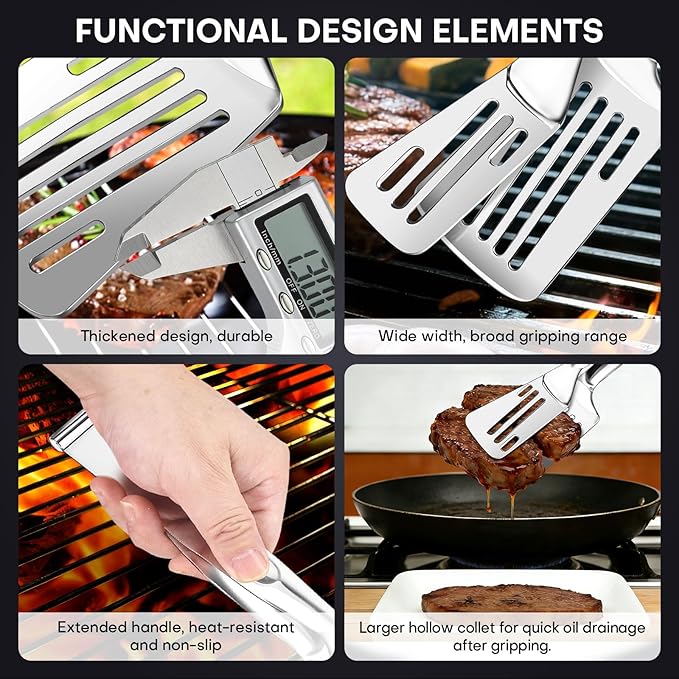 Nezylaf Kitchen Tongs 11.8 Inch 304 Stainless Steel, 2-in-1 Detachable Design | Tongs for Cooking Grilling Frying | Multi-Function Spatula Tongs with Oil Drain Holes