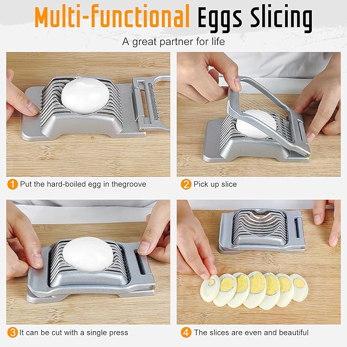 Egg Slicer - Stainless Steel Wire & Aluminium Heavy Duty Cutter, Dishwasher Safe for Eggs & Soft Fruits, Black & White