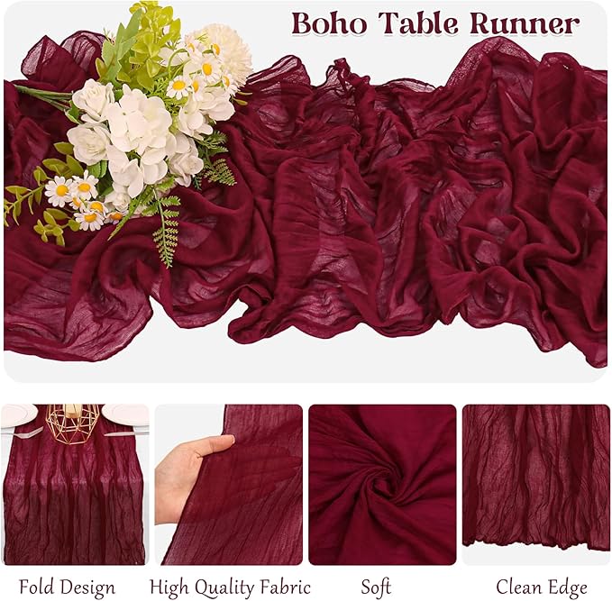 10 Pack Burgundy Cheesecloth Table Runner 10FT Boho Gauze Fabric Table Runner Vintage Rustic Sheer Runners for Wedding Party Bridal Baby Shower Long Table Decorations
