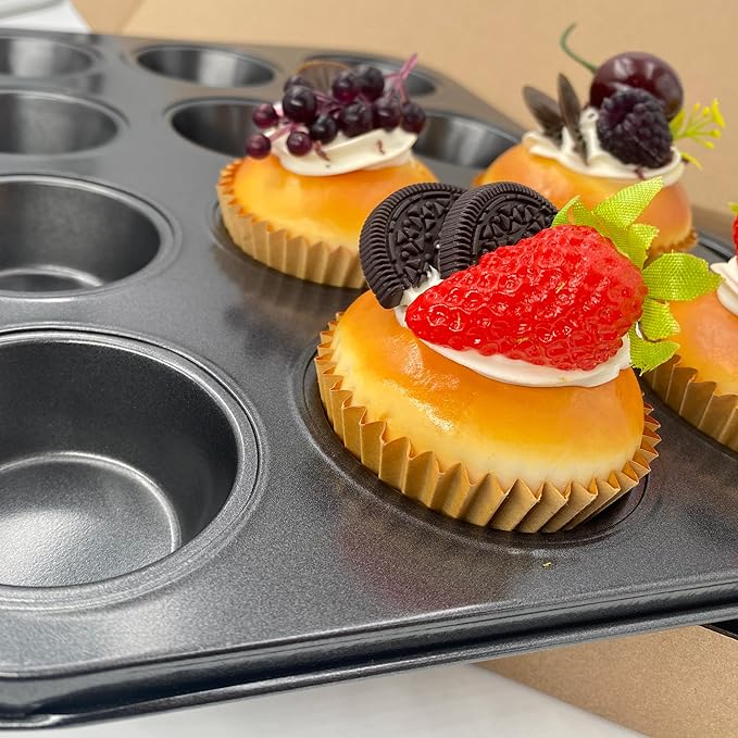 Bakexcel Non-Stick Muffin Pans, 12-Cup Standard Baking Pans Set of 2 with a Scraper for Perfect Muffins & Cupcakes