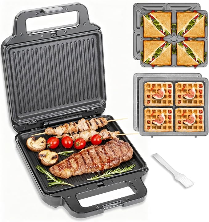3 in 1 Panini Grill Press with 3 Removable Plates, Breakfast Sandwich Maker, Electric Griddle Panini Press, Grilled Cheese Maker, Sandwichera Electrica, Belgian Waffle Maker