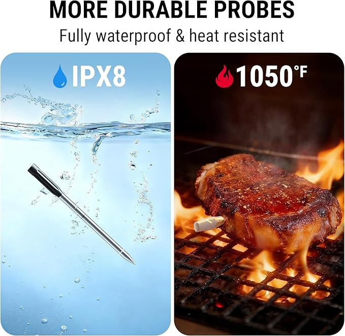 ThermoPro 500ft Wireless Meat Thermometer for Cooking, Long & Short Colored Probes Bluetooth Meat Thermometer for Kitchen Oven Smoker, Rechargeable Meat Probe for Backyard Grill BBQ Holiday Gifts