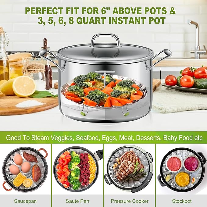 Steamer Basket, 3rd Generation Stainless Steel Vegetable Steamer with Extendable Handle for Cooking Food, Folding & Expandable Veggie Steam Insert, Fit Various Size Instant Pot (5.5" to 9")