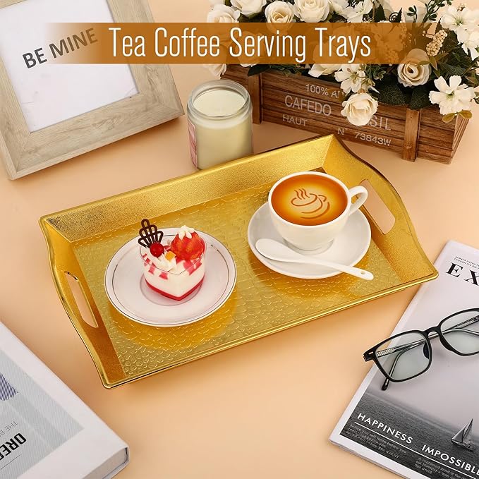 10 Pack Gold Plastic Serving Trays with Handles 15x9.8 Large Reusable Portable Rectangular Decorative Party Serving Trays for New Year Holiday Wedding Party Table Catering