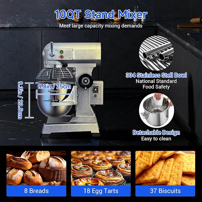 EKway Commercial Food Mixer 10Qt,500W Commercial mixer 3-Speed Adjustable with Timing Function, Industrial Dough Mixer with Stainless Steel Bowl for Bakery Pizzeria (Upgrade)