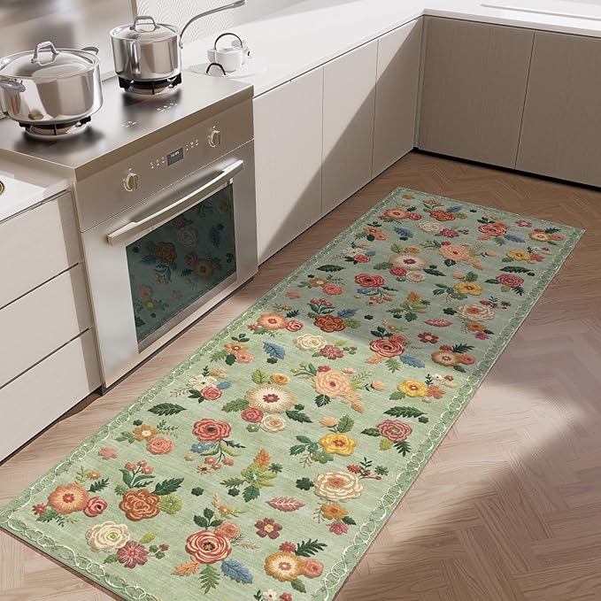 Washable Kitchen Rugs Non Slip: 2'x6' Hallway Runner Rug Stain Resistant Low Pile Floral Floor Rug with Rubber Backing Non Shedding Soft Carpet Runners for Indoor Entryway Bedside Bedroom Farmhouse