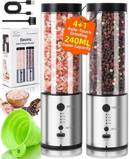 Electric Salt and Pepper Grinder Set, 2-Pack 480ML Capacity, USB-C Rechargeable 4-Timing Settings, Automatic Salt and Pepper Shakers, One-Handed Operation, Birthday Gifts for Women Mom