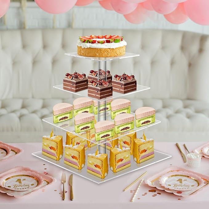 Cupcake Stand, Acrylic Cupcake Holder, Premium 4 Tier Square Cupcake Stand for Wedding Birthday Holidays, Cady Bar Party Decoration,Clear… (4 Tier, Square)