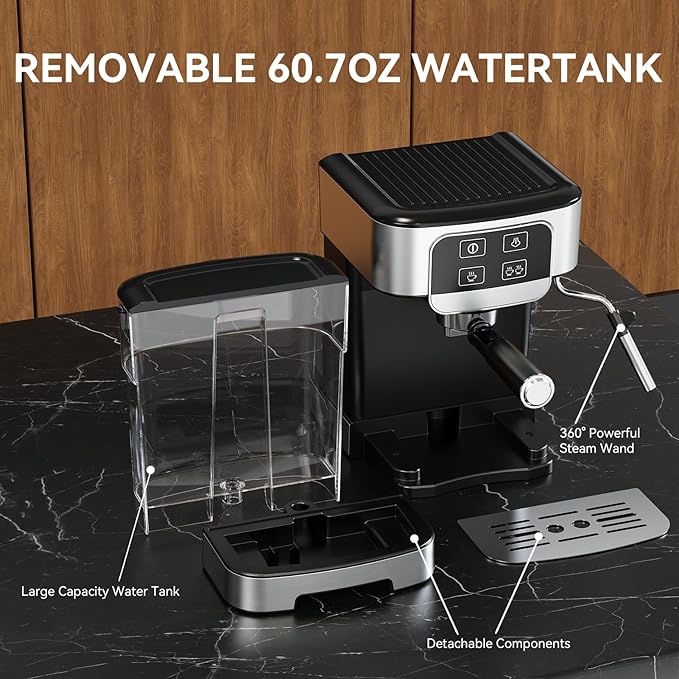 TINTALK Espresso Machine 20 Bar with Steam Milk Frother, Stainless Steel Coffee Machine with Removable Water Tank for Cappuccino,Latte, Compact Stainless Steel Coffee maker for home,Great Gift