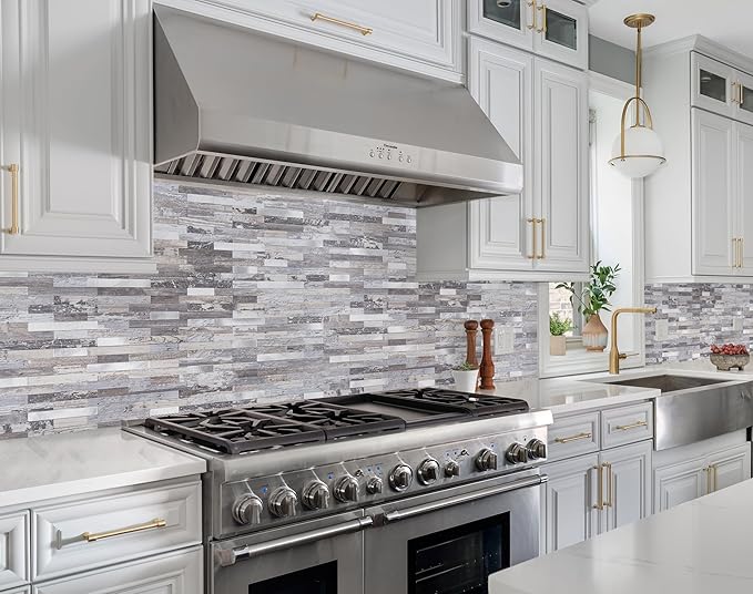 2 Sheets Peel and Stick Backsplash, Distressed Wood with Metal Silver Self Adhesive Wall Tiles Upgrade Your Kitchen Backsplash, RV, Fireplace