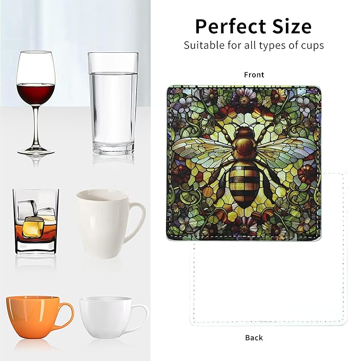 Marble Coasters Square Leather Drinks Coaster Set with Holder for Coffee Table Bar Home Decor 4 Inches Set of 6 (Bee, One Size)