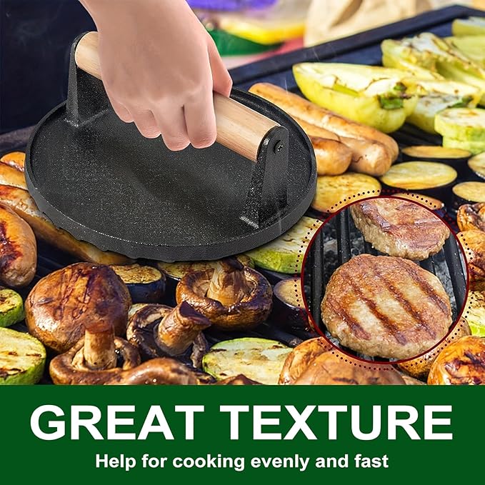 Iron Burger Press, 6.8'' Round Heavy-Duty Cast Iron Smash Bacon Press, with Non-Slip Wooden Handle, Grill Weight for Griddle, Sandwich, Nonstick Pan