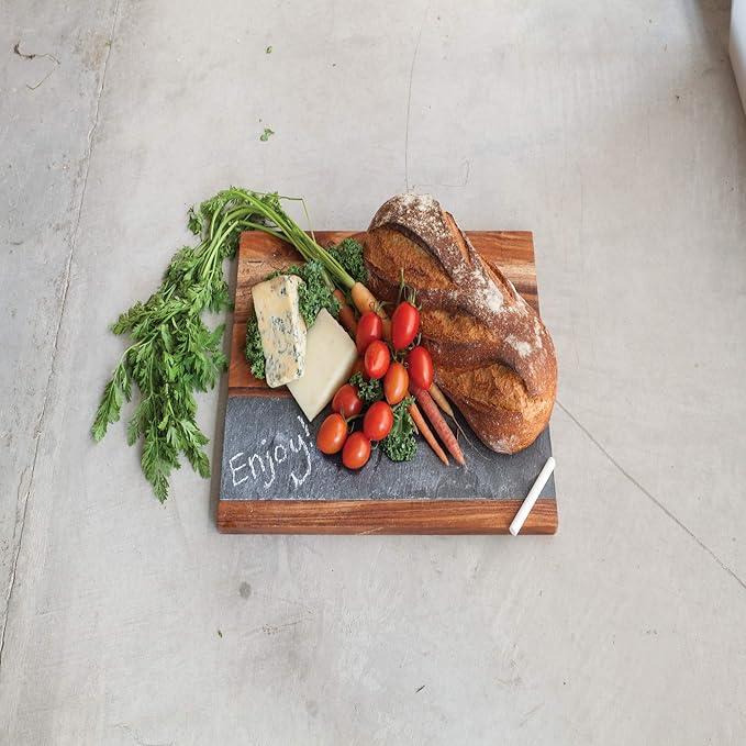Twine Rustic Farmhouse Wood with Slate Cheese Board and Chalk Set, Acacia Wood and Natural Slate Cutting Board, Soapstone Chalk, 15" by 11", Gourmet Gift Set