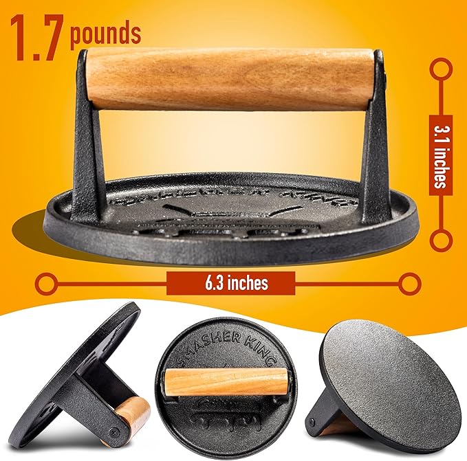 SMASHER KING™ - Smash Burger Press - Cast Iron Burger Smasher And Hamburger Patty Maker - Smash Burger Kit With 25 Sheets Of Paper - Grill Press And Steak Weight For Heavy Meat Smasher Cooking Results