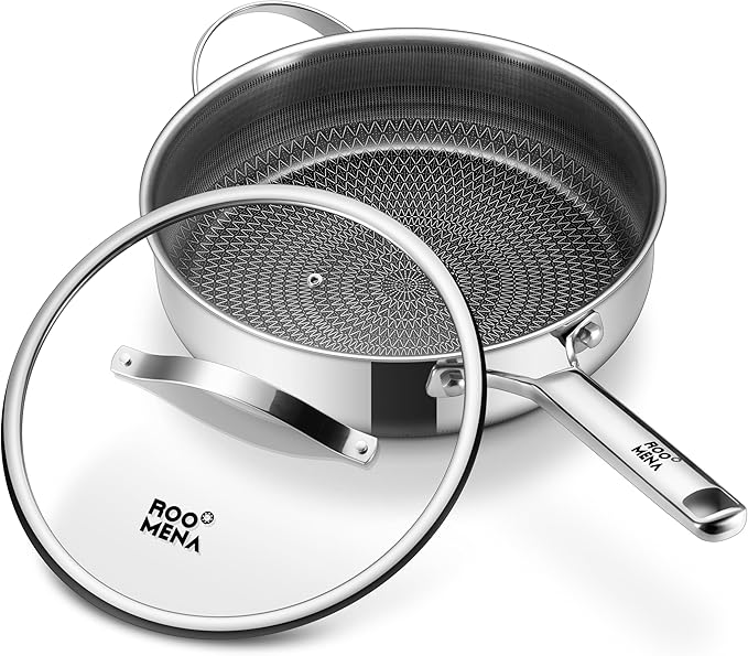 Roomena Saute Pan with Lid, Hybrid Ceramic Nonstick 12 Inch 5-Quart Tri-Ply Stainless Steel Skillet, PFAS/PFOA/PTFE Free, Metal Utensil Safe, Dishwasher & Oven Safe, Induction Compatible