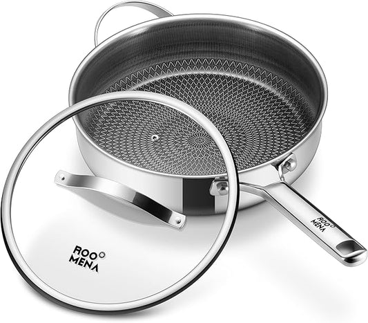 Roomena Saute Pan with Lid, Hybrid Ceramic Nonstick 12 Inch 5-Quart Tri-Ply Stainless Steel Skillet, PFAS/PFOA/PTFE Free, Metal Utensil Safe, Dishwasher & Oven Safe, Induction Compatible