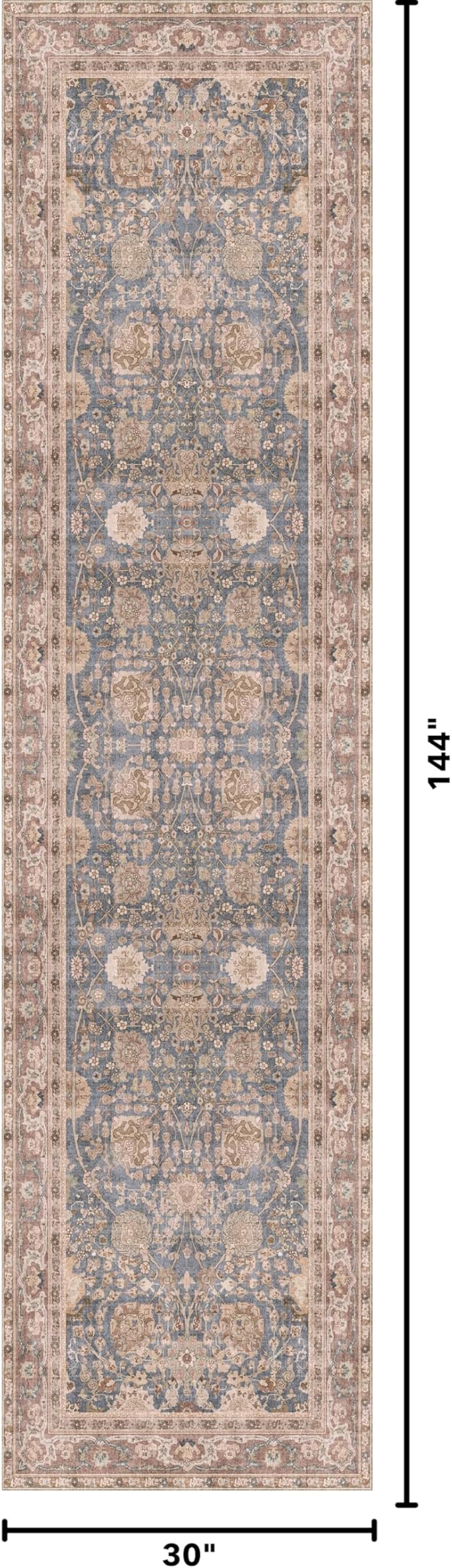 Kuden 2'6"x12 Runner Rug, Machine Washable Area Rug with Non-Slip Backing, Vintage Style, Soft, Easy Clean, Low Pile Rug for Hallway, Entryway, Kitchen, Bedroom