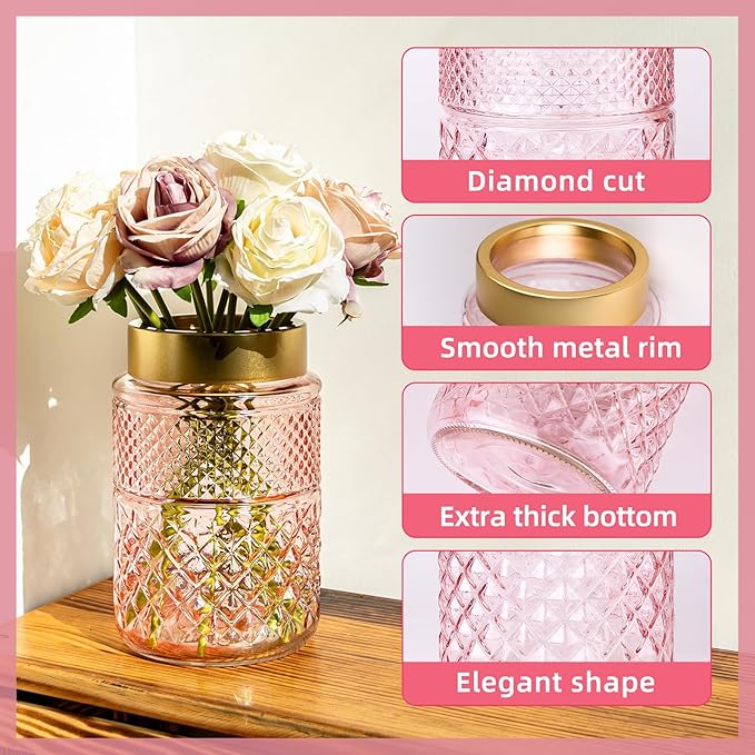 2-Pack Flower Vase Glass, 7.6 '' Pink Fluted Vase with Golden Metal Top, Valentine's Day Stylish Decorative Vases for Tabletop Centerpiece, Kitchen, Living Room, Bedroom, Bathroom