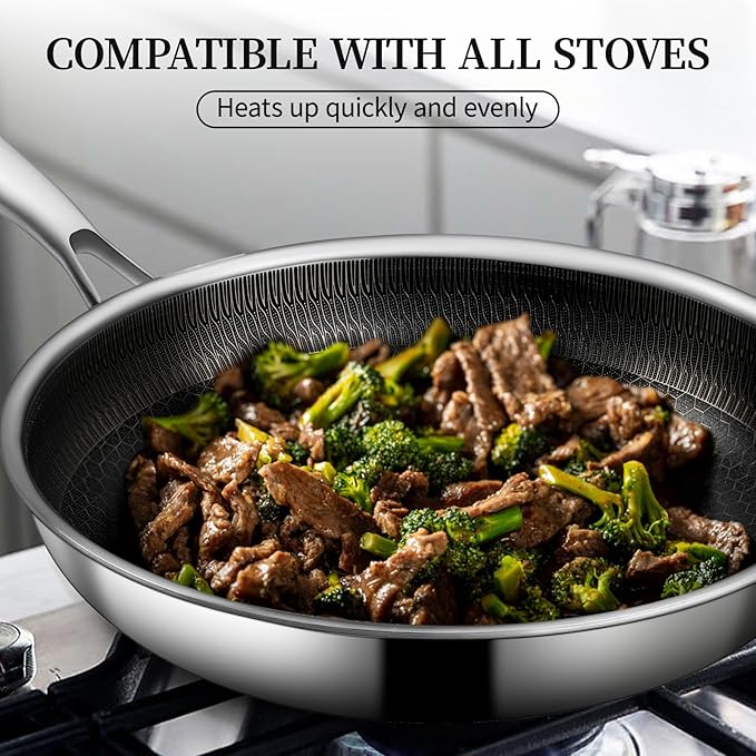 CADIVIZZO Stainless Steel Frying Pan with Lid - 11 Inch Nonstick Frying Pan with Lid, Honeycomb Stainless Steel Skillet Omelet Chef's Pan with Stay Cool Handle, Induction Compatible, PFOA Free