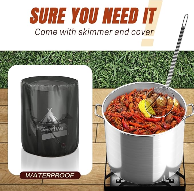 Hidpriva 80QT Crawfish Boiler Kit, Waterproof Cover & 18-inch Skimmer, 110,000BTU Propane Burner Stove, 0-20PSIG Regulator, Aluminum Seafood Boil Pot, Crab Boil Pot with Basket