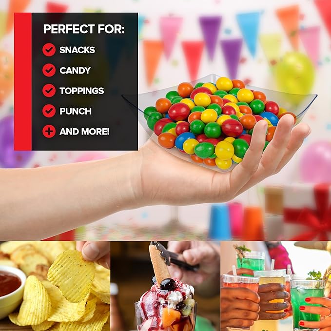 Stock Your Home 16oz Clear Plastic Serving Bowls (48 Pack) – Small Disposable Square Candy Dishes for Snacks, Chips, Mints, Salad Bar, Parties, Office, Bridal Shower