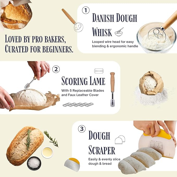 JoeCo Sourdough Starter Kit, Complete Starter-To-Loaf Set with Instructions, Sourdough Starter Jar, Silicone Proofing Baskets, Danish Dough Whisk, Dough Scraper, Bread Lame & Sourdough Baking Supplies