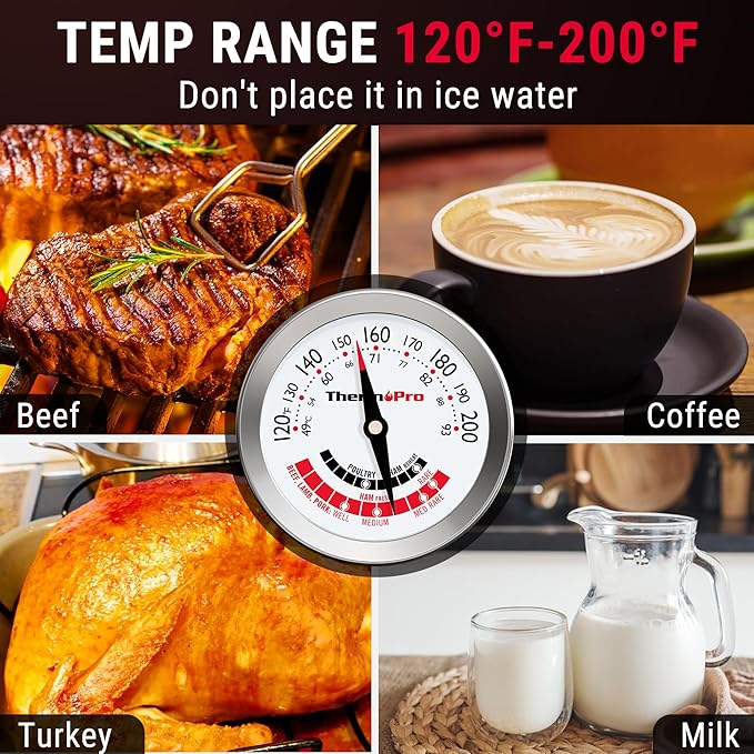 ThermoPro APT200 Meat Thermometer for Cooking with Extra-Large 2-Inch Dial, Analog Dial Food Cooking Thermometer with 5.1" Stainless Steel Probe for Poultry, Ham, Pork, Beef Candy Making Accessory