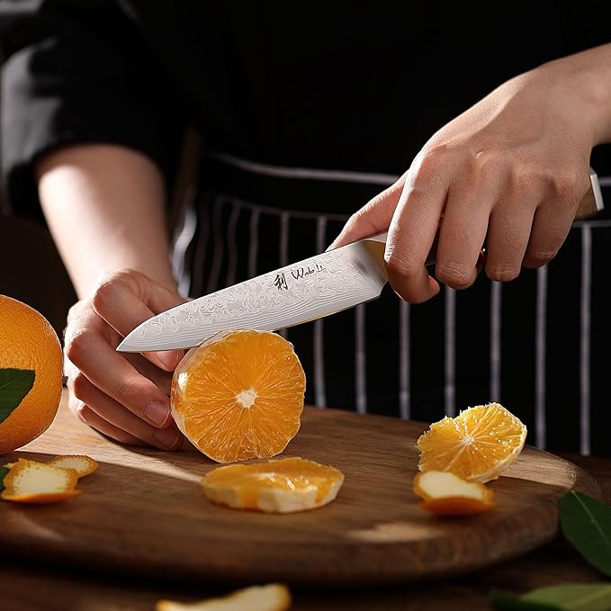 Wakoli Oribu Damascus All-Purpose Knife – Full Tang Kitchen Knife | 4.5-Inch Blade Made of 67-Layer Genuine Damascus Steel | Ergonomic Olive Wood Handle | Sharp & Durable