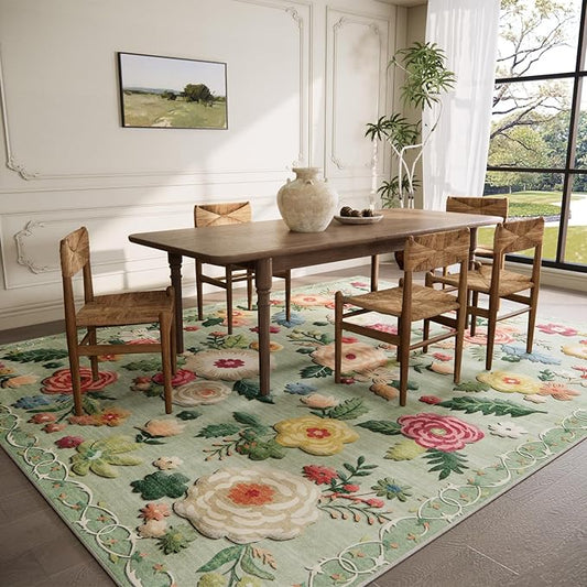 10x14 Area Rug Washable Rugs: Large Living Room Rug Stain Resistant Non Slip Distressed Vintage Floral Rug Low Pile Faux Wool Soft Green Rugs for Bedroom Farmhouse Dining Room Kids Playroom Nursery