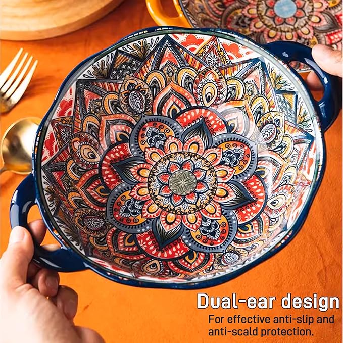 Bohemia Large Bowls with Handle, 40 oz Ceramic Soup Bowl for Salad, Pasta, Cereal,Fruit, Udon, Microwave & Dishwasher Safe (Orange)