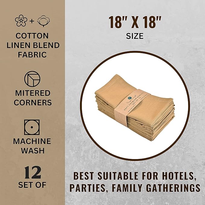 Fingercraft Cloth Napkins, Cotton Linen Blend,12 Pack Easter Special,Beige Premium Quality, Mitered Corners for Restaurant Home Every Day Use Napkins are Pre Shrunk and Good Absorbency Khaki Beige