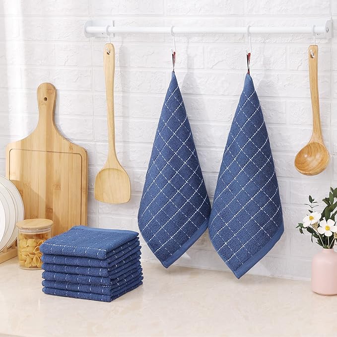 Mordimy 100% Cotton Terrycloth Kitchen Towels and Dishcloths Sets, Soft and Absorbent Checkered Dish Towels, Quick Drying Dish Rags for Washing Dishes, 4 Pack 16" x 26" & 4 Pack 12" x 12", Navy Blue