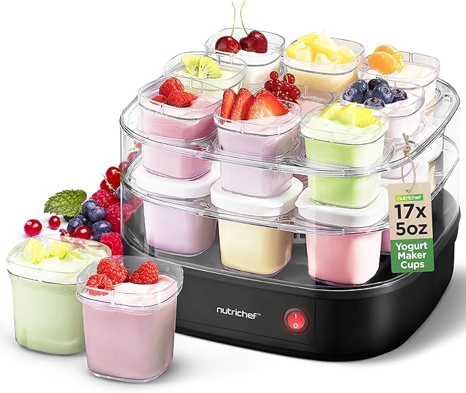 Nutrichef 17 Cup Automatic Yogurt Maker | Includes 17 - 5 oz Reusable Cups with Lids & Yogurt Rack for Instant Storage | Makes Up to 85 OZ of Yogurt | Greek Yogurt Maker | Space Saving design | Black