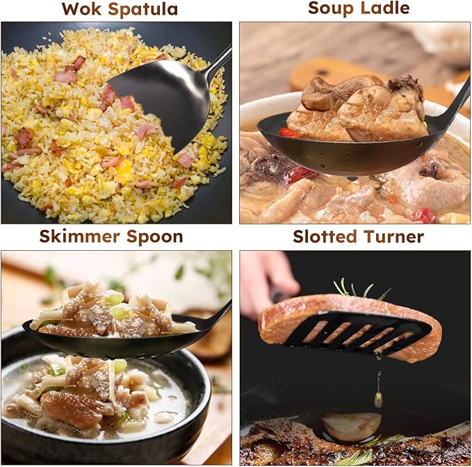 MARTE 18/10 Stainless Steel Cooking Utensil Set with Holder - 5 PCS Kitchen Serving Utensils Set - Spatula,Soup Ladle,Skimmer Slotted Spoon,Turner Spatula - Black Cooking Tools - Dishwasher Safe