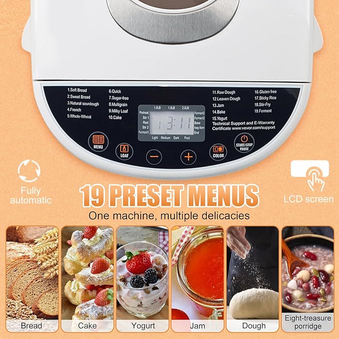 Bread Maker, 19-in-1 2LB Dough Machine, Nonstick Ceramic Pan Automatic Breadmaker with Gluten Free Setting, Automatic Compact Dough Machine Nonstick,Digital,3 Loaf Sizes, 2 Crust Colors, White