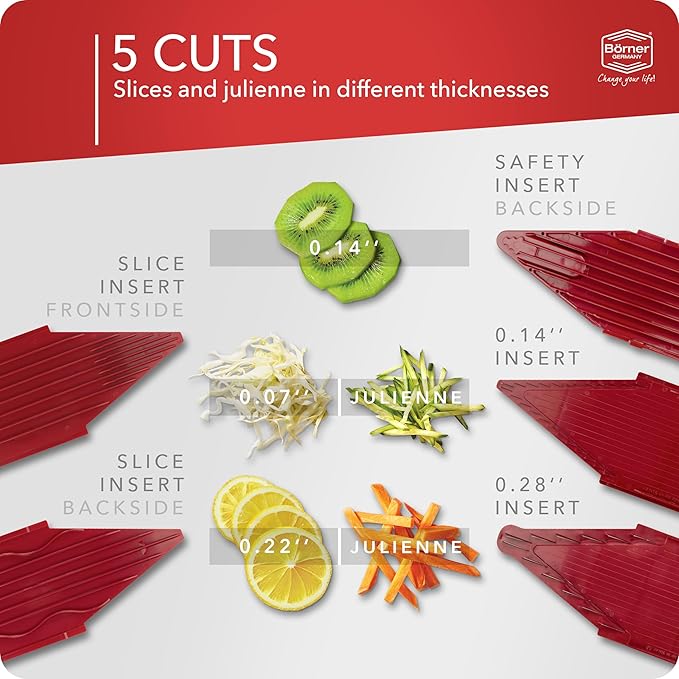 Börner Mandoline Slicer V1 (Professional Set) • V-Slicer with 4 Inserts, Fruit Holder, Docking Station, Box • Adjustable Vegetable Slicer • Cuts into Slices, Strips & Dices • Color: Red
