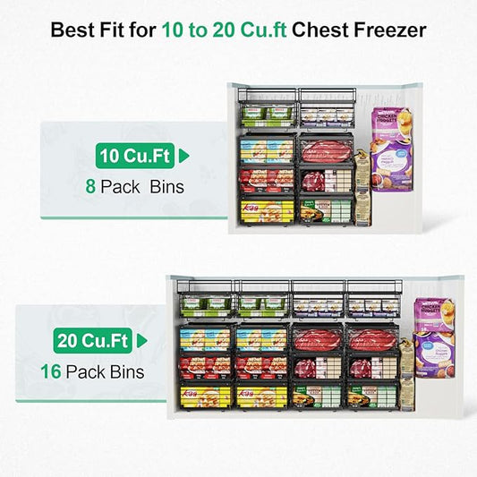 iSPECLE Deep Freezer Organizer Bins for 10 to 20 Cu.Ft, 4 Pack Stackable & Hanging Baskets, Expandable Metal Wire Storage System, Fits 17.5"-22.6" Width, Chest Freezer Only, Black