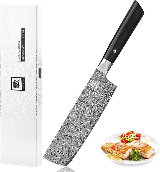 zayiko Black Edition Damascus Nakiri Knife | 18.5 cm Blade Made of 67 Layers of Fine Dark Damascus Steel | Ergonomic Pakkawood Handle | Professional Kitchen Chef's Knife Ideal for Vegetables
