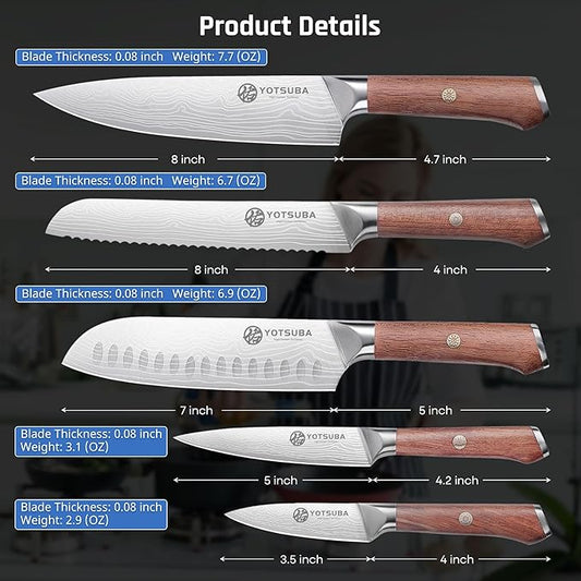 YOTSUBA 5PCS Kitchen Knives Set,Kitchen Knife Set,German High Carbon Stainless Steel Ultra Chef Knife Sets with Ergonomic Handle for Chopping Vegetable and Cooking